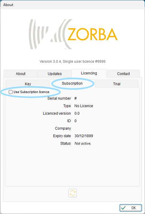 ZORBA About subscription panel LicencingSubscription.png